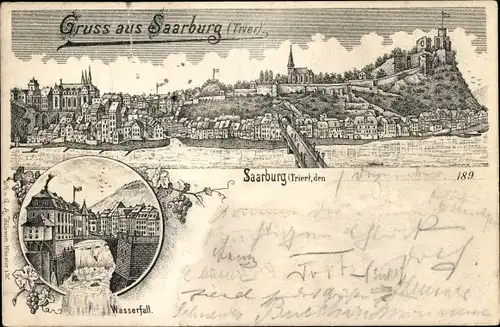 Litho Saarburg an der Saar, Wasserfall, Stadtpanorama