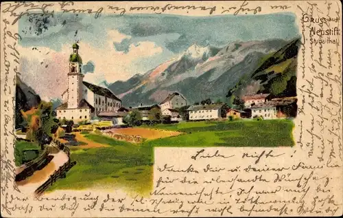 Litho Neustift im Stubaital in Tirol, Pfarrkirche Hl. Georg, Panorama vom Ort