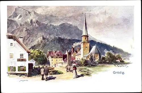 Künstler Ak Kulstrunk, F., Grödig in Salzburg, Kirche, Gebirge, Teilansicht der Ortschaft