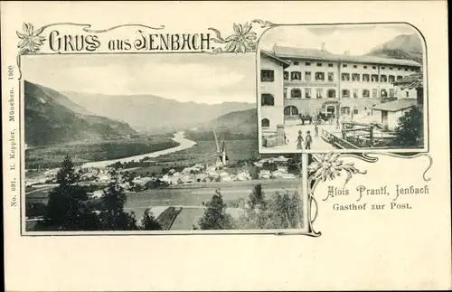 Ak Jenbach in Tirol, Gasthof zur Post, Bes. Alois Prantl, Ortschaft mit Landschaftsblick