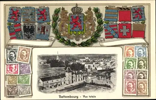 Präge Briefmarken Ak Bettemburg Luxemburg, Vue totale, Bahnhof, Wappen, Diekirch, Remich, Redingen