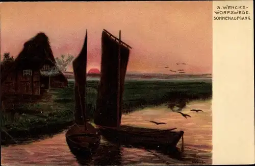 Künstler Litho Wencke, S., Worpswede in Niedersachsen, Sonnenaufgang, Segelboote 