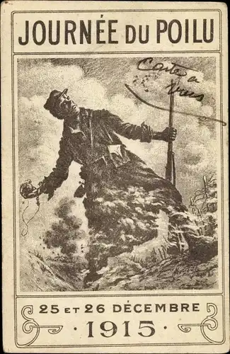 Künstler Ak Journée du Poilu, 25 et 26 Décembre 1915, Französischer Soldat, Granate