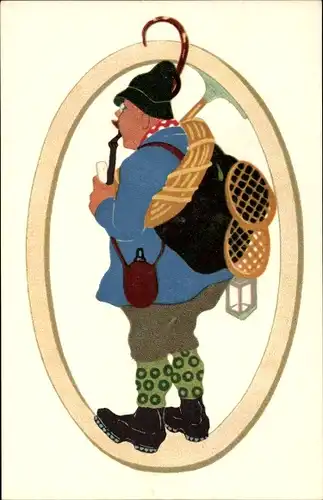 Steindruck Ak Moos, C., Bergsteiger mit Ausrüstung, Pfeife rauchend