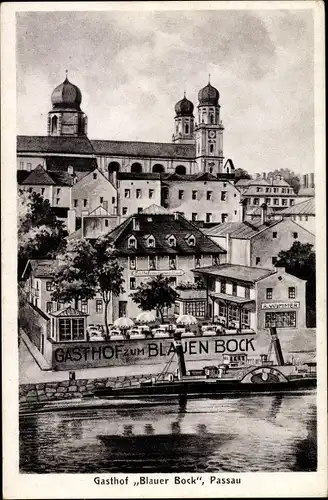 Künstler Ak Passau in Niederbayern, Gasthof Blauer Bock, An der Schiffslände