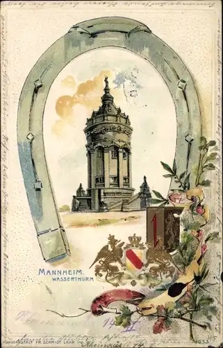 Präge Wappen Hufeisen Litho Mannheim in Baden Württemberg, Wasserturm