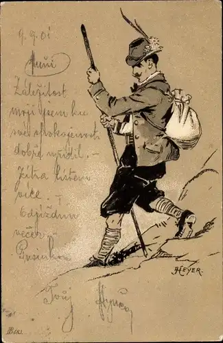 Präge Künstler Litho Heyer, Bergsteiger in Tracht