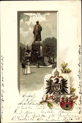 Präge Wappen Passepartout Litho Magdeburg an der Elbe, Bismarck Denkmal