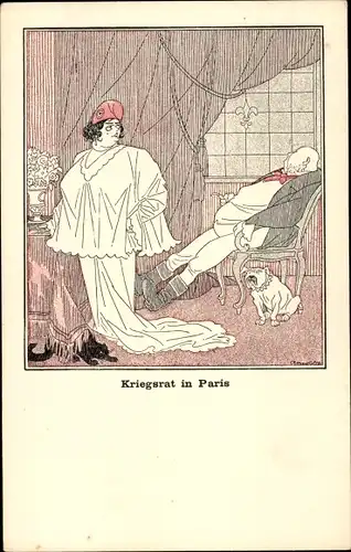 Künstler Ak Arnold, Karl, Kriegsrat in Paris, Dicke Marianne, Liller Kriegszeitung