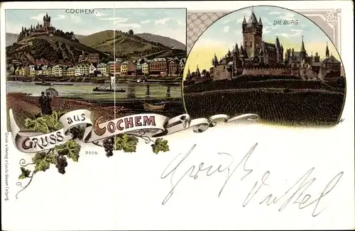 Litho Cochem im Landkreis Cochem Zell Rheinland Pfalz, Burg, Ortschaft