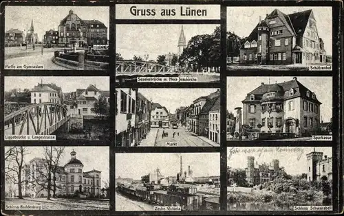 Ak Lünen in Westfalen, Gymnasium, Schützenhof, Markt, Sparkasse, Zeche Victoria