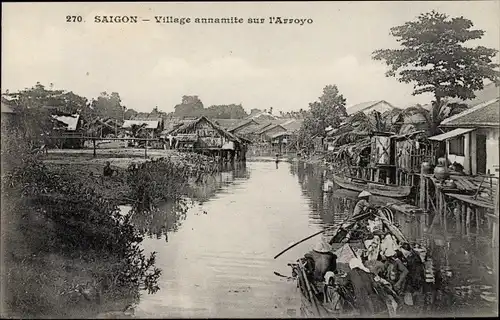 Ak Saigon Cochinchine Vietnam, Village annamite sur l'Arroyo