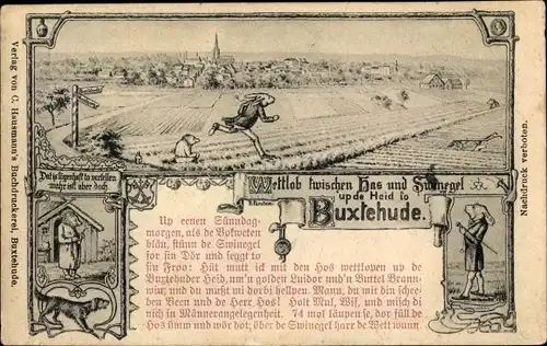 Künstler Ak Buxtehude in Niedersachsen, Wettlauf zwischen Hase und Igel, Stadtpanorama