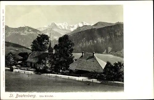 Ak Beatenberg Kt. Bern Schweiz, Die Kirche, Straßenpartie, Bergpanorama