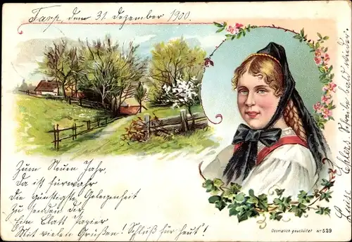 Litho Frau in Volkstracht, Landschaftsidylle