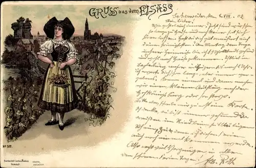 Litho Elsass Bas Rhin, Elsässerin in Tracht, Rosenkorb, Weinreben