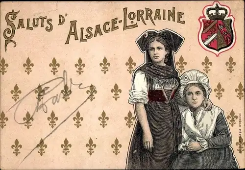 Wappen Ak Saluts d'Alsace Lorraine, Frauen in Elsässer Volkstracht 