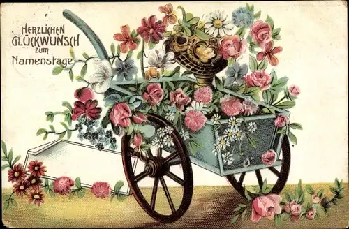 Präge Ak Glückwunsch Namenstag, Blumen, Schubkarre