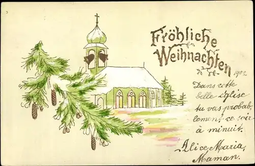 Präge Ak Frohe Weihnachten, Kirche, Glocken, Tannenzweige