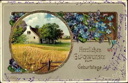 Präge Ak Glückwunsch Geburtstag, Landschaftsidylle, Blumen 