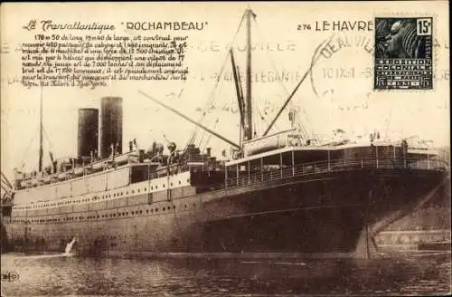 Ak Le Havre Seine Maritime, Dampfschiff Le Rochambeau, CGT, French Line, Paquebot