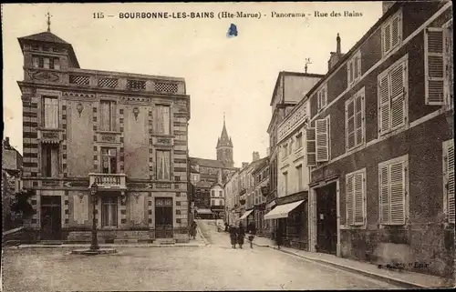 Ak Bourbonne les Bains Haute Marne, Panorama, Rue des Bains, Coutellerie, Café