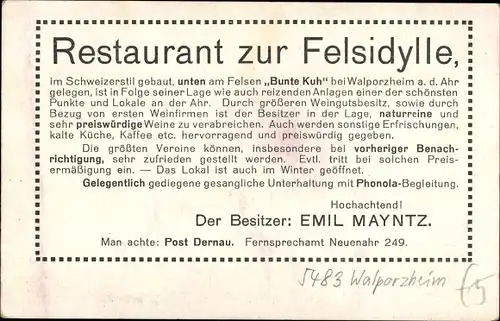 Ak Walporzheim Bad Neuenahr Ahrweiler Rheinland Pfalz, Schweizerhaus Felsidylle, Inh. Emil Mayntz