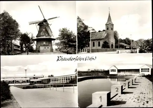 Ak Rhauderfehn in Ostfriesland, Windmühle, Kirche, Schule, Freibad
