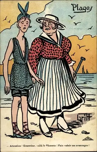 Künstler Ak Griff, Plages, Attention, Ernestine, Mutter, Tochter, Strandmode