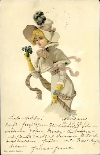 Litho Blonde Frau mit Hut und langem Kleid, Schal, Veilchen