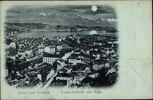 Mondschein Ak Luzern Stadt Schweiz, Totalansicht der Stadt mit Rigi, Gebirge, Häuser