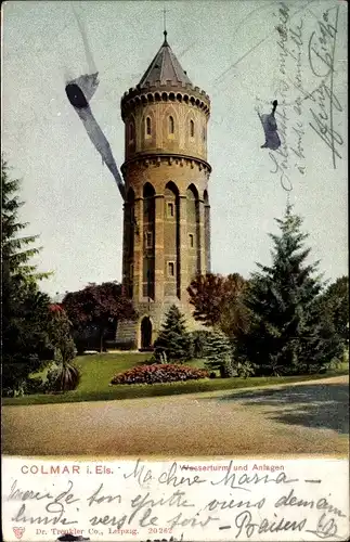 Ak Colmar Kolmar Elsass Haut Rhin, Blick auf den Wasserturm mit Anlagen, Trenkler 20 262
