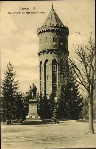 Ak Colmar Kolmar Elsass Haut Rhin, Partie am Wasserturm mit Bartholdi Denkmal