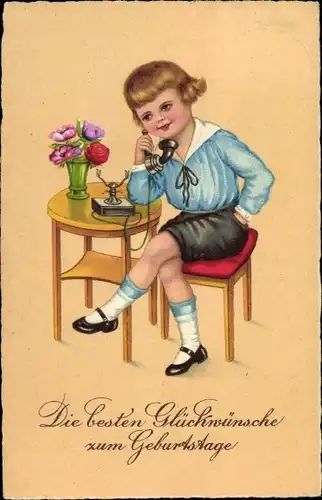 Ak Glückwunsch Geburtstag, Blondes Kind am Telefon, Blumenstrauß in einer Vase