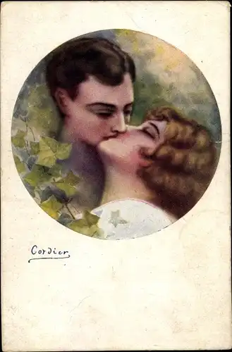 Künstler Ak Cordier, Paar beim Kuss, Efeuranken, Amor