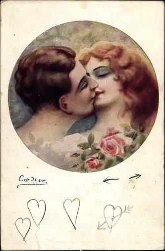 Künstler Ak Cordier, Paar beim Kuss, rothaarige Frau, Rosenblüten