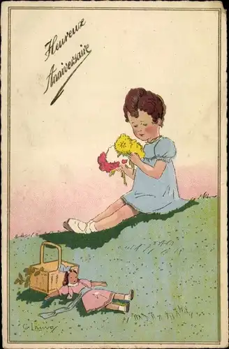 Künstler Litho Lauve, G., Geburtstag, Heureuse Anniversaire, Mädchen, Blumen, Korb, Puppe