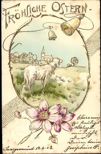 Präge Litho Glückwunsch Ostern, Lamm auf der Weide, Glocken, Kirche, Blumen