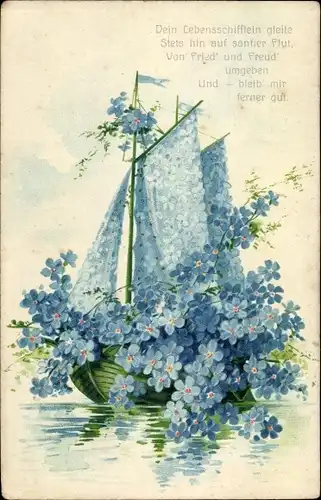 Präge Litho Lebensschifflein, Segelboot aus Vergissmeinnicht, Blumenbild