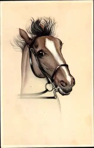 Künstler Ak Pferdeportrait, scheuendes braunes Pferd mit Blesse, Zaumzeug