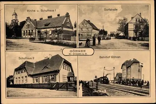 Ak Górzyn Göhren Ostbrandenburg, Bahnhof, Dampflok, Schulhaus, Kirche, Dorfstraße