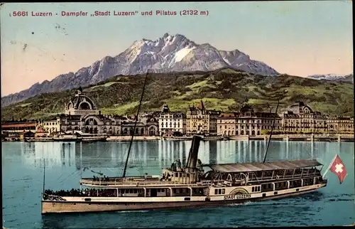 Ak Luzern Stadt Schweiz, Dampfer Stadt Luzern und Pilatus, Ufer, Häuserfassaden, Panorama