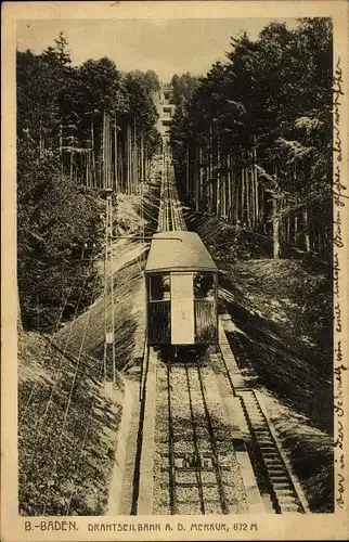 Ak Baden Baden am Schwarzwald, Drahtseilbahn a. d. Merkur, Gleise, Station, Waldschneise