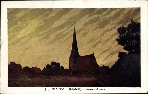 Künstler Ak Hansi, Jean Jacques Waltz, Sewen Elsass Haut Rhin, Kirche bei Dämmerung