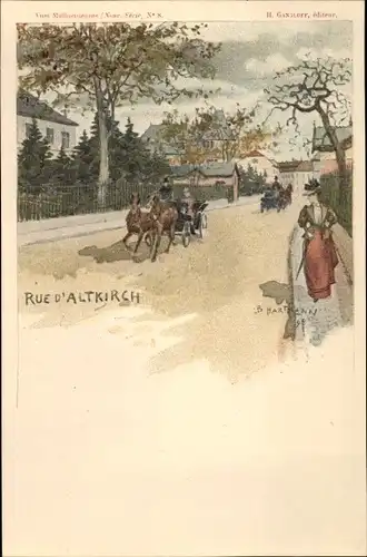 Künstler Ak Hartmann, B., Altkirch Elsass Haut Rhin, Straße mit Kutschen, Dame mit Schirm