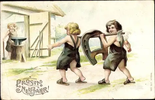Präge Litho Glückwunsch Neujahr, Engel mit Hufeisen, Schmiede