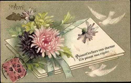 Präge Litho 1er Avril, 1. April, Brief mit Blumen, Tauben, Fisch