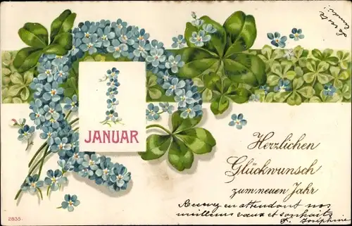 Präge Litho Glückwunsch Neujahr, Kalenderblatt 1. Januar, Hufeisen aus Vergissmeinnicht, Kleeblätter