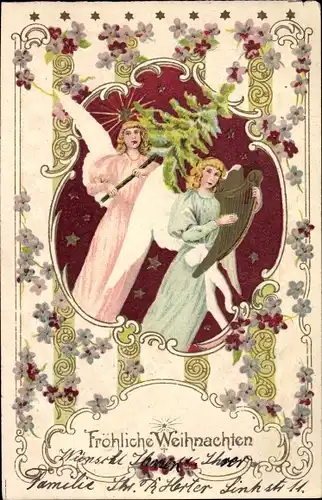 Präge Litho Glückwunsch Weihnachten, Zwei Engel mit Handharfe und Tannenbaum