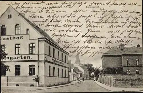 Ak Seehausen Wanzleben Börde Sachsen Anhalt, Steinstraße, Gasthof Hopfengarten